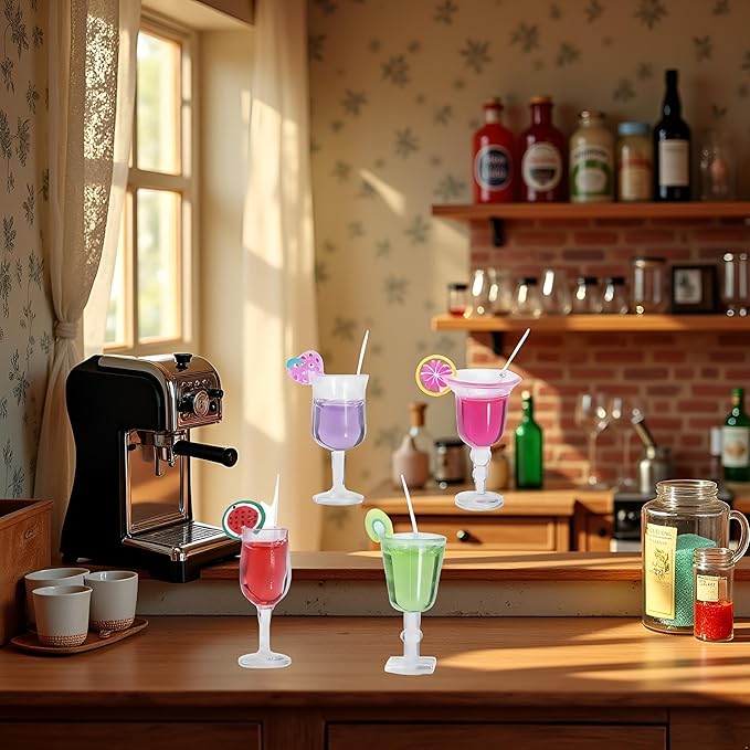 4 Pcs Miniature Dollhouse Juice and Wine Bottle Set – Resin Cocktail Cups, Simulated Drink Models for Dollhouse Kitchen Decor, Mini Props for DIY Craft Display, Decorations (1.37 x 0.39 Inch)