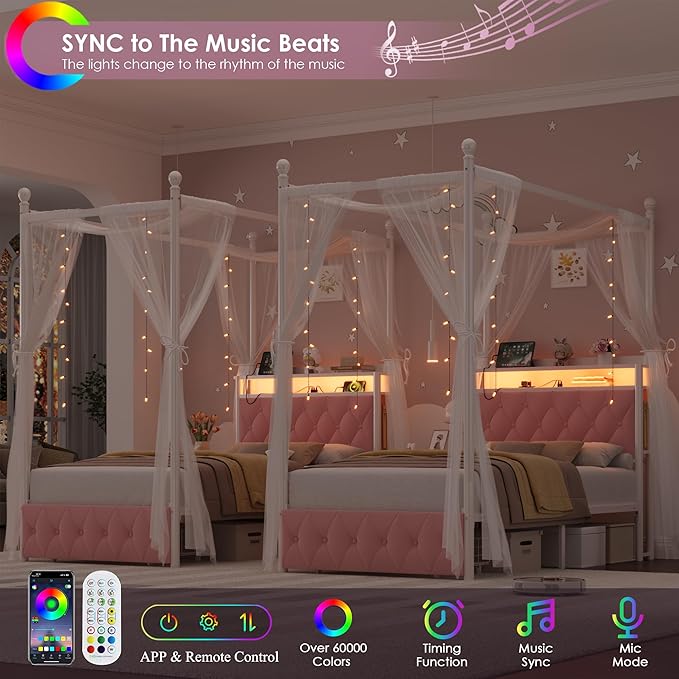 HIFIT Set of 2 Girls Twin Upholstered LED Canopy Bed Frame with Charging Station & Storage Drawer, Button Tufted Storage Headboard w/Bookshelf, Two-Use Kids Platform Bed frame w/4 Removable Post, Pink
