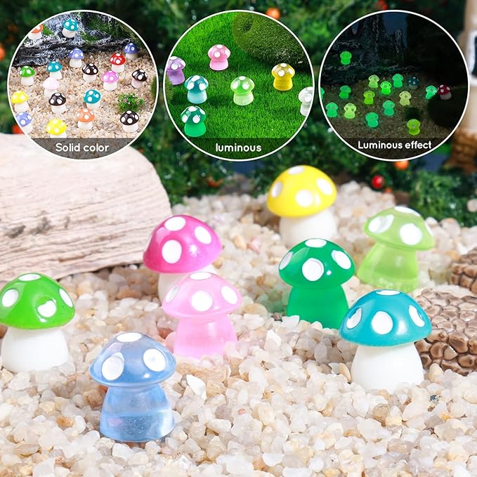180 Pcs 18-Color Mini Resin Mushroom Figures,Glow in Dark Miniature Figurines Bulk for Fairy Garden,Dollhouse Décor,Terrarium & Scavenger Hunts - Tiny Mushroom Accessories with Realistic Details