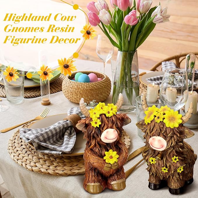 Burbell 2 Pcs Highland Cow Figurines Decor Cow Gnomes with Sunflower Resin Statue Calf Lovers Gifts for Farmhouse Home Garden Bathroom Kitchen Office Tiered Tray Table Decor