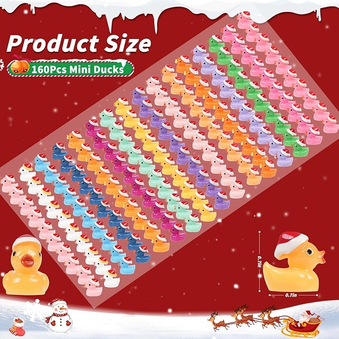 160 Pcs Small Christmas Ducks with Santa Hat, Mini Resin Ducks Little Plastic Duck for Xmas, Dollhouse Accessories, Micro Landscapes, Fairy Garden Home Decorations