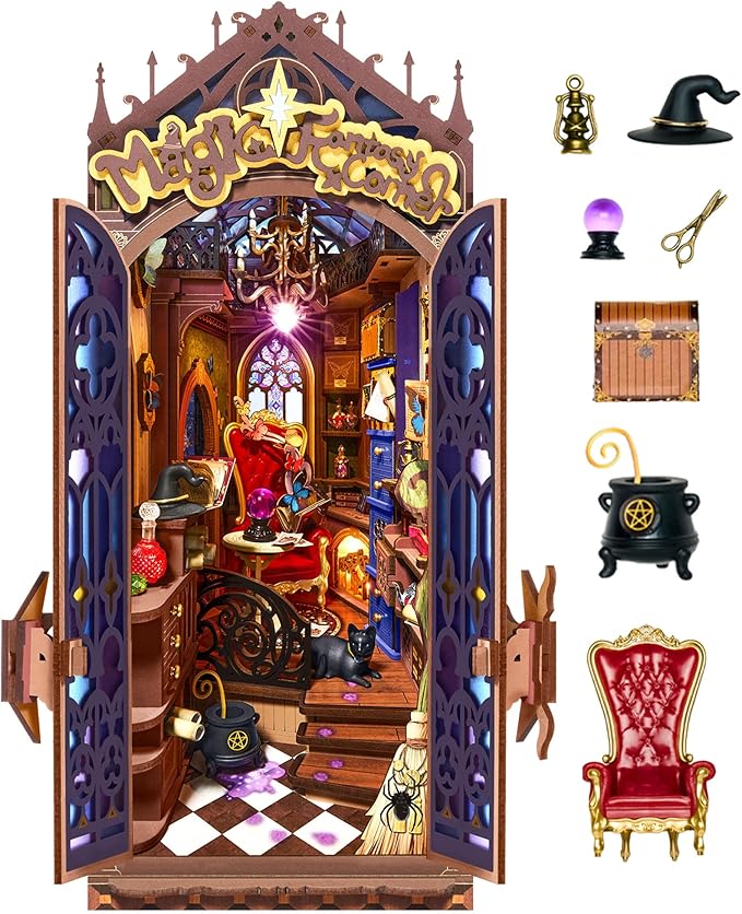 Rolife Book Nook Kit Magic Fantasy Corner DIY Miniature House Kit, 10" Wizard Witch Room Booknook Bookshelf Insert Decor 3D Wooden Puzzles for Adults Halloween Chiristmas Gift