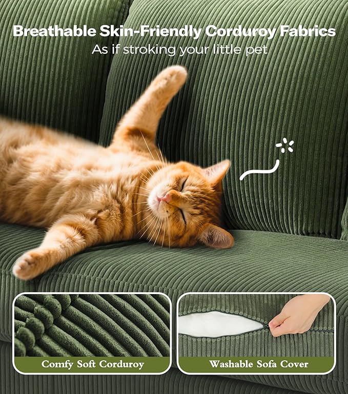 87in Corduroy Couch, Kidirect Sofa No Tool Assembly, Comfy Couches for Living Room 21in Deeper Seats, Corduroy Sofas for Living Room with 2 Pillows, Oversized Loveseat Sofa, Boho Love Seat Olive Couch