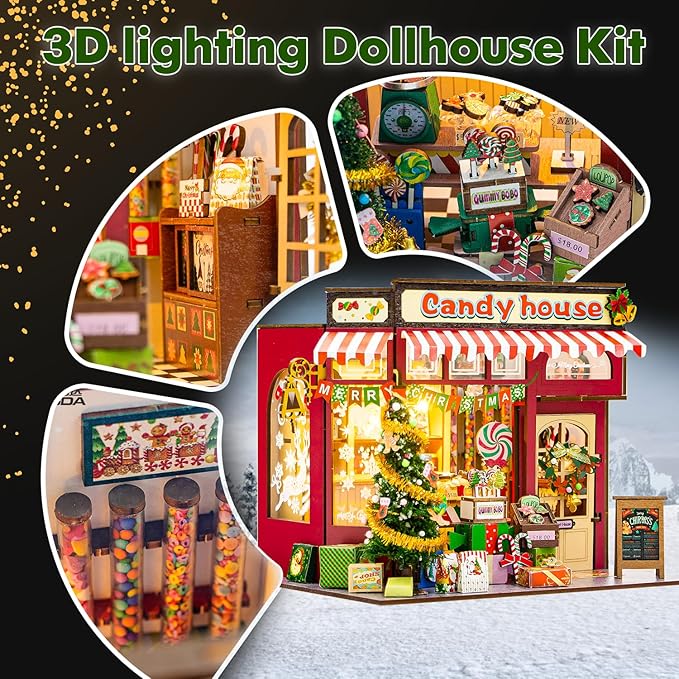 DIY Miniature House Kit, Christmas Miniature Dollhouse Kits, Tiny House with LED, Christmas Village Houses Set, 3D Wooden Puzzle Mini House, Craft Gift for Adults