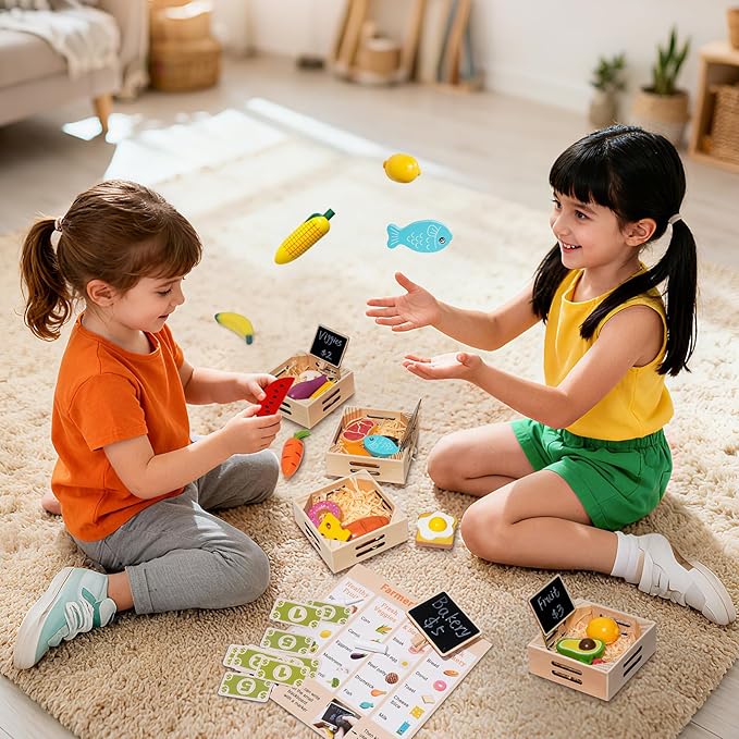 Food Groups - 20 Wooden Play Food Sets & 4 Crates & 4 Mini Blackboard & 15 Play Money, Pretend Toy Food Kitchen Accessories for Toddlers & Kids Ages 3+
