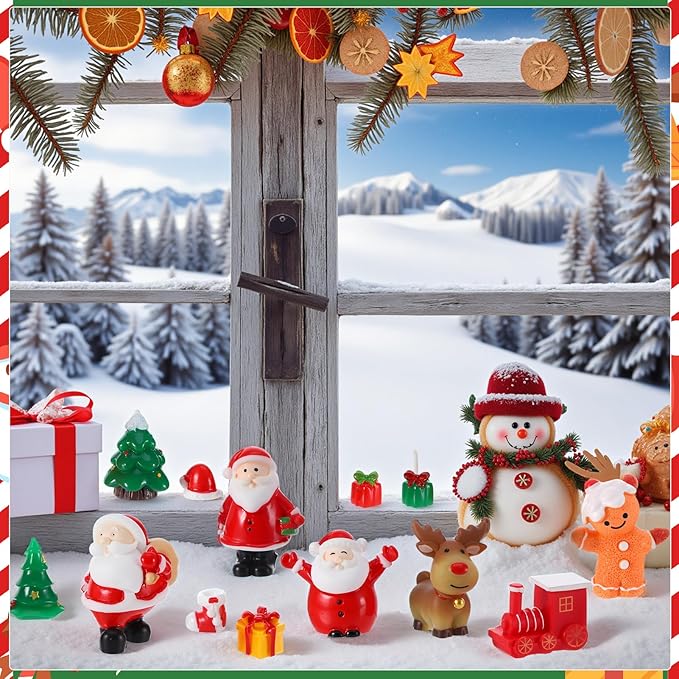 39PCS Christmas Miniature Figurines, Mini Resin Figurines to Hide Small Resin Santa Claus Snowman Xmas Trees Animals for Xmas Goodie Bag Mini Presents for Crafts