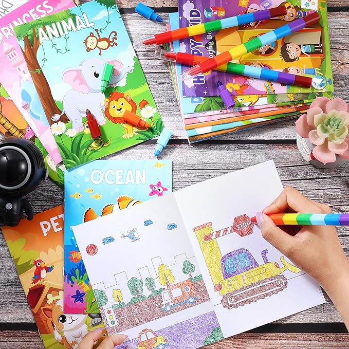 BenLouis Coloring Books for Kids With Stacking Crayons Set Mini Coloring Books Bulk for Ages 4-8-12 Small Activity Books for Birthday Party Gifts Goodie Bags Stuffers Travel（24+24Pcs Assorted）