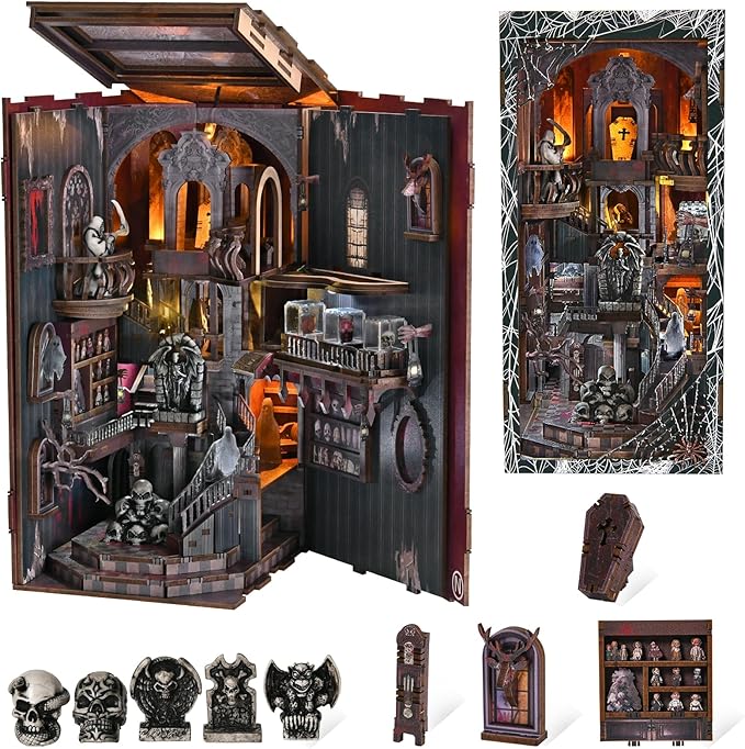 Book Nook Kit, DIY Doll House Booknook, Miniature Kit for Bookshelf Doll Houses for Adults Teen Halloween, 3D Wooden Puzzle Bookends with Led Light and Dust Cover (Haunting Relics)