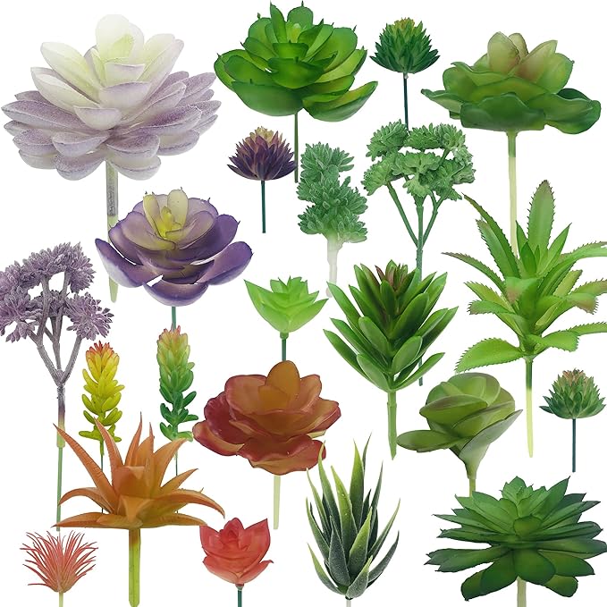Woohome 34 PCS Artificial Succulents Picks Set, 24 PCS Mixed Color Artificial Succulent Plants and 10 PCS Simulation Ladybug for Faux Succulents Floral Arrangement, Home Decoration
