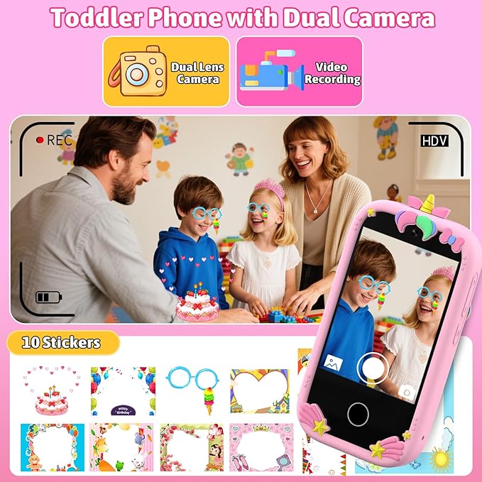 BEBESIRI Kids Camera Mini Smartphone Toy for Girls, 2.8" Touch Screen, 22 Learning Games, Dual Camera, Music Player, 32GB Card | Educational Gift for Christmas & Birthday (Cherry Pink)