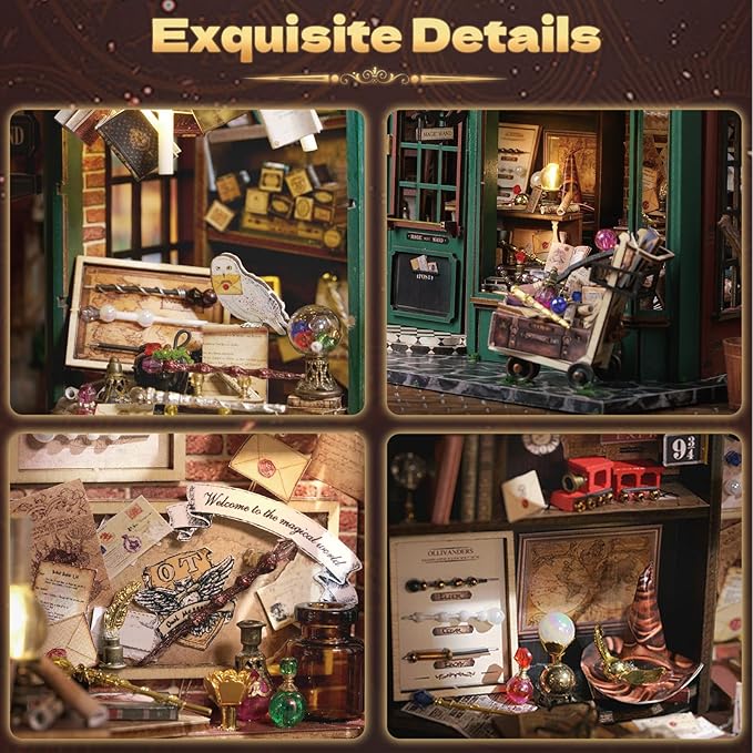 Hullisun DIY Book Nook Kit Expandable Miniature Dollhouse Kit, Retro European Magic House Bookshelf Insert Model with LED Light, Bookend Building Set 3D Wooden Puzzle for Adult Birthday Gift Women Men