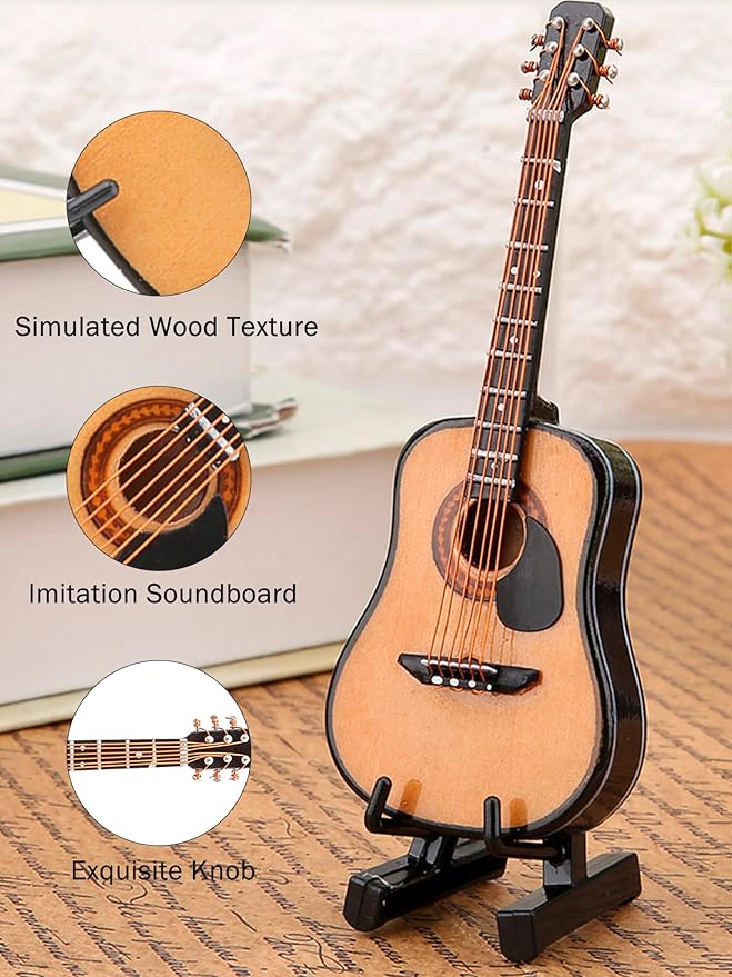 Miniature Guitar Model, Wooden Mini Guitar with Stand and Case, 3.95in Dollhouse Guitar, Musical Instrument Model Home Decor(10CM)