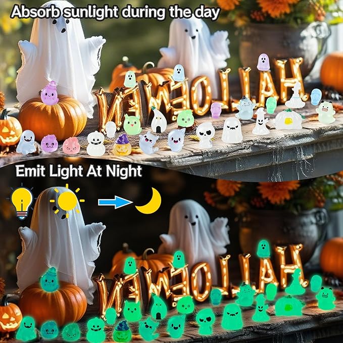 25 PCS Luminous Halloween Miniatures Figurines Halloween Resin Figures Glow in The Dark Miniature Skeleton Ghost Ornaments for Horror Party Favors Fillers Home Tabletop Decor