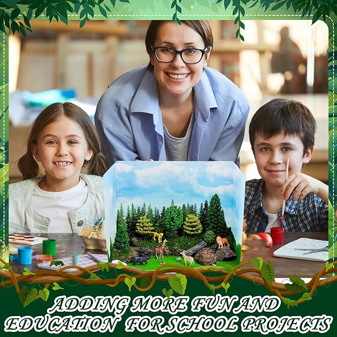 AmazingSpark 2 Set Jungle Style Diorama Box and Fake Grass Decor, Rainforest Diorama Project Supplies Set, Cardboard Display Case Kit & Artificial Grass with Double Sided Tapes for DIY Crafts Toys
