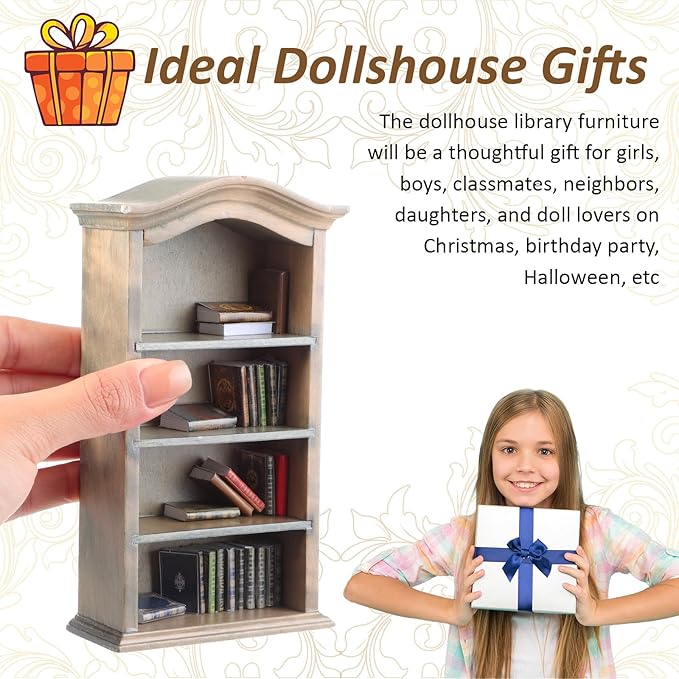 Poen 27 Pcs 1: 12 Scale Miniatures Dollhouse Books and a Wooden Bookcase 4 Floors Dollhouse Bookshelf Decoration Accessories for House Bedroom, Vintage Color