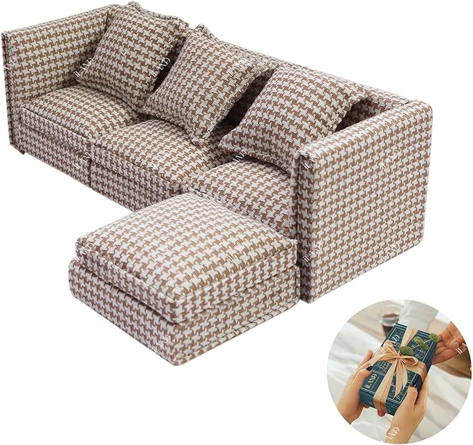 iLAND Dollhouse Furniture Miniature Sectional Couch Set for Doll House Décor Fit 1/12 Scale Accessories, Modern Brown Houndstooth Sofa Timeless & Classic