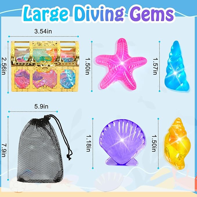 MARFOREVER 38 Pcs Pool Toys, 36 Diving Gems for Kids Colorful Sinking Diving Gems Assorted Crystals Gems with 2 Pirate Treasure Chest Boxes Mesh Bag for Boys Girls Swimming Beach Bathroom Water Toys