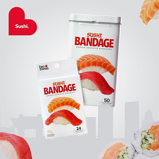 BioSwiss Bandages, Sushi Shaped Self Adhesive Bandage Set, Latex Free, Sterile Wound Care, 50 Count
