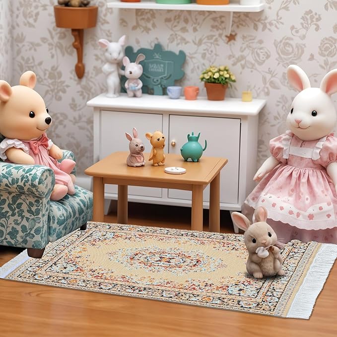 Dollhouse Rug 2Pcs Miniature Accessories, 1:12 Vintage Woven Dollhouse Rugs, Mini Floral Print Carpet for Miniature Furniture Floor Decoration Accessory (Blue, Yellow)