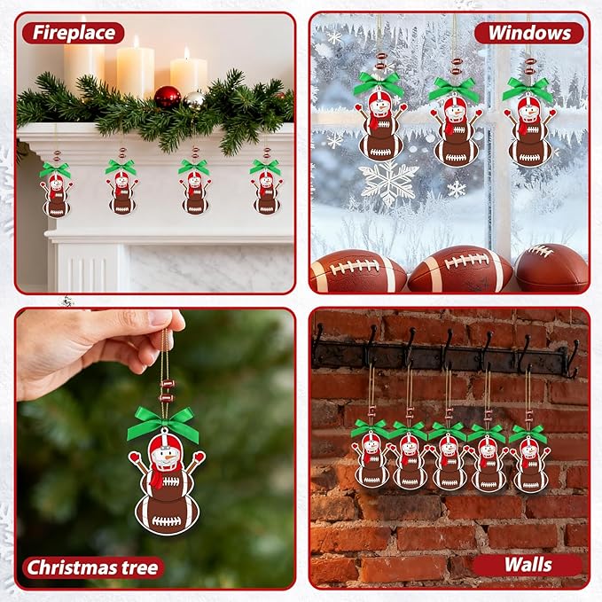 4.3 Inches Snowman Football Christmas Ornament, Wooden Football Snowman Tree Ornament Hanging Decoration for Rearview Mirror, Window, Eaves, Fireplace and Home Holiday Party Decor