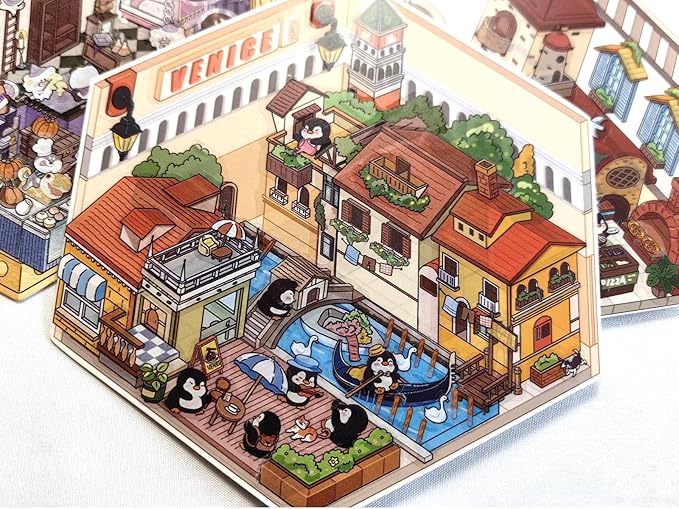 DIY 3D House Scene Stickers, 4 Set Cartoon Cute Penguin in Paris Venice Egypt Italy Relaxing Stickers, Fun Miniature Room Stickers for Adults, Kids, Relief Stress, Pass The Time