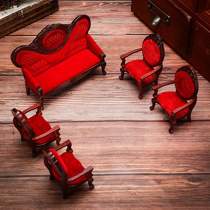 5 Pcs 1:12 Miniature Dollhouse Furniture, Include Vintage Red Wooden Carved Sofa Couch 4 Pcs Wooden Carved Single Sofa Chairs Retro Red Armchairs for Living Room Bedroom Kitchen Birthday Decoration