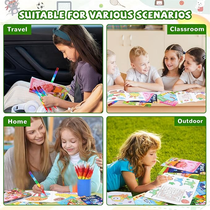 BenLouis Coloring Books for Kids With Stacking Crayons Set Mini Coloring Books Bulk for Ages 4-8-12 Small Activity Books for Birthday Party Gifts Goodie Bags Stuffers Travel（24+24Pcs Assorted）