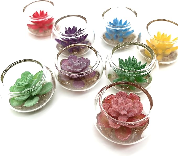 4 Pcs Assorted Color Glass Miniature Succulent Pots – Tiny Artificial Flower Potted Plants for Dollhouse Decoration, DIY Craft, Micro Garden Display, Miniature Home Accessories & Tabletop Ornaments
