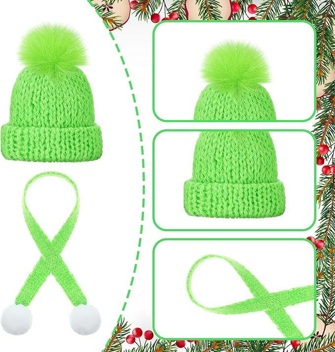 Bencailor 48 Pcs Mini Christmas Knitting Hats and Mini Christmas Scarf Set Knitting Doll Hat Scarf Santa Knit Hat Tree Ornaments for DIY Craft Art Doll Decoration (Lime Green)