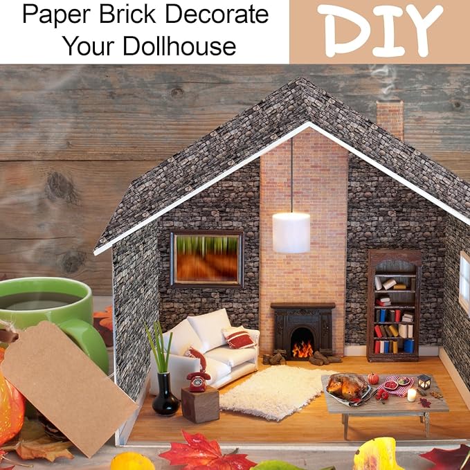 35 Pcs Miniature Dollhouse Wallpaper Self-Adhesive Mini DIY Floorboards Wall Paper Real Life DIY Decoration for Dollhouse (Brick Gray)
