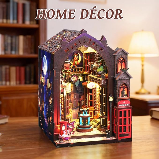 Book Nook Kits for Adults, Magic Alley DIY Book Nook Kit, 3D booknook Craft Kits Bookshelf Insert with Sensor LED Light, Creative Craft Gift for Adults & Teens