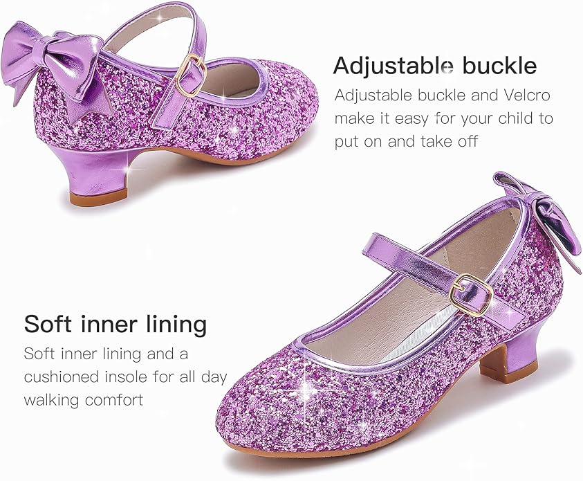 Dufannie Girls Dress Shoes Low Heel Princess Flats Mary Jane Flower Wedding Party Glitter Shoes for Kids Toddler