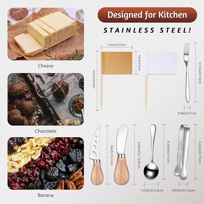Charcuterie Board Accessories Spreader Knife Set Cheese Butter Spreader Knife Charcuterie Utensils with Wooden Handles Mini Serving Tongs Spoons Forks for party Wedding Christmas (Silver, 18 Pieces)