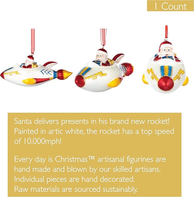 Every Day is Christmas Glass Blown Ornaments Cute Hand Made Figurines Tree Decoration, Rocket Santa