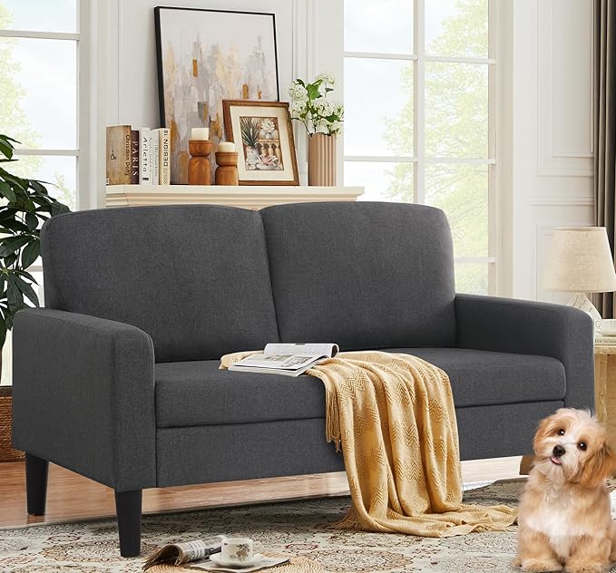 asunflower 52Inch Small Loveseat 2 Seater Couch for Small Spaces Comfy Linen Fabric Love Seat Sofa Office Couch Tool-Free Assembly for Bedroom,Drom Room,Kid's Room,Grey