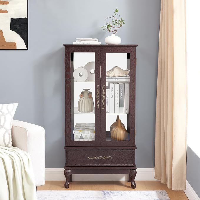51" H Lighted Curio Display Cabinet with 2 Doors & 1 Drawer, Wooden Glass Curio Showcase w/Adjustable Shelves & Mirrored Back Panel, Storage Cabinet Display Case for Living Room(Dark Cherry)