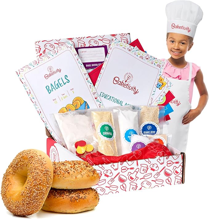 Baketivity Kids Baking Set, Meal Cooking Party Supply Kit for Teens, Real Fun Little Junior Chef Essential Kitchen Lessons, Includes Pre-Measured Ingredients (Kit + Hat & Apron, Bagels)