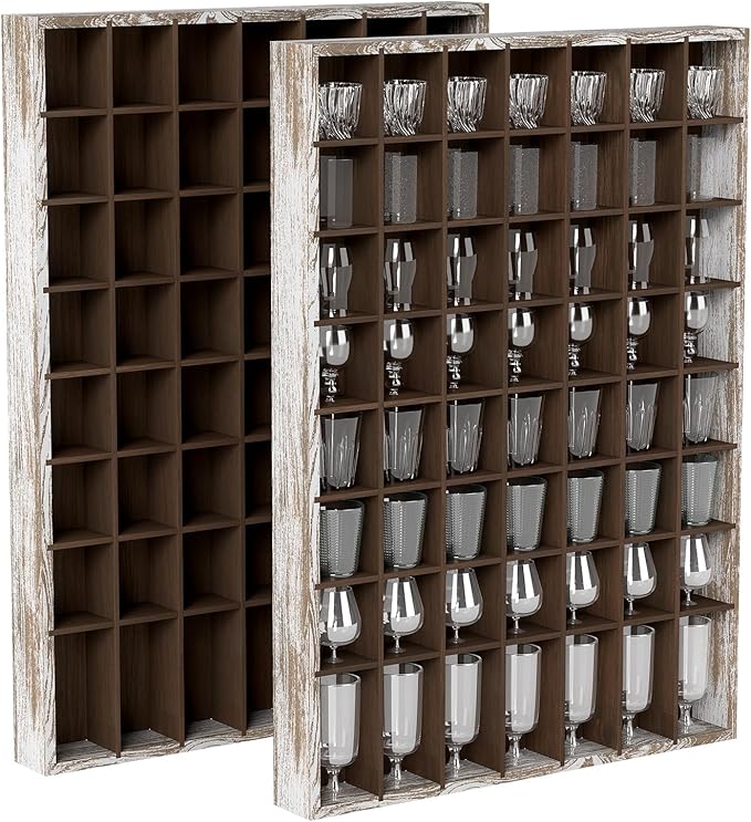 2 Pcs Shot Glass Display Case, 56 Slots Wall-Mounted Wood Shot Glass Holder, 25 x 18'' Rustic Brown Glasses Collection Shelf for Home and Bar Decor