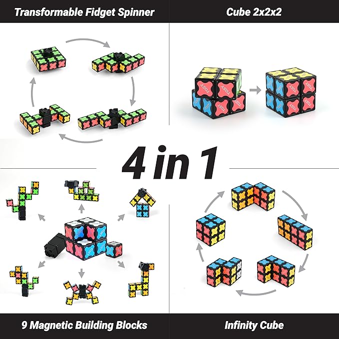 TOSY Magnet Fidget Spinner Mini - 8 Blocks, 3 in 1 Toy: Transformable Fidget Spinner, Infinity Cube, 2x2 Puzzle Cube, Easter Valentine Gift for Kids/Adults, STEM Sensory Stress Relief Toy
