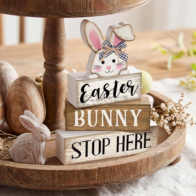 Moucuny 4 Pcs Easter Table Decoration Wooden Rabbit Easter Tiered Tray Decor Cute Bunny Centerpiece Rustic Wooden Bunny Block Sign Farmhouse Holy Week Party Decoration for Home Kitchen Shelf