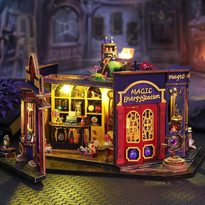 DIY Miniature House Kit: 3D Wooden Puzzle Miniature Kit with LED Light, Magic Station Tiny Model Mini House Building Kit for Adults Teens, Creative Gift Book Nook DIY Adults Craft Kits