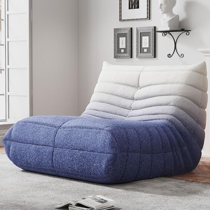 Memory Foam Bean Bag Chair for Adults, Teddy Material Beanbag Sofa with Filler, Cozy Floor Lounge Seat for Living Room, Bedroom, Dorm, Office (Blue White)