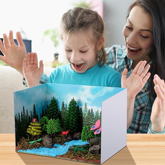 codree 65 Pcs Jungle Diorama Kit Habitat Project Box Set, Cardboard Diorama Box Animals Model Scenery Kit, Animal Figurines Rainforest Diorama Supplies for DIY Crafts Birthday Gifts Party Favor