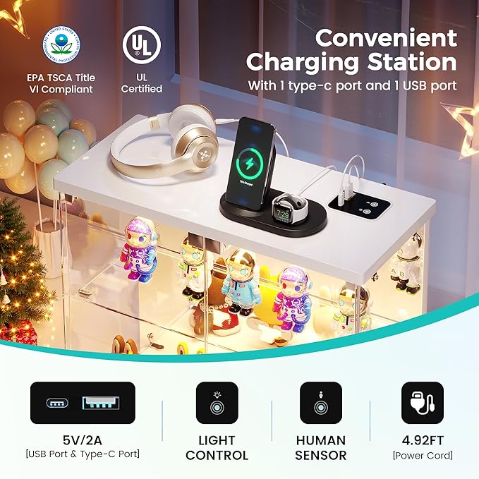 2pcs LED Clear Glass Display Case - for Figures & Collectibles, Small 2-Tier Display Cabinet with Charging Station, Display Box with Lights & Human Sensor, for Model Car, Perfume, White