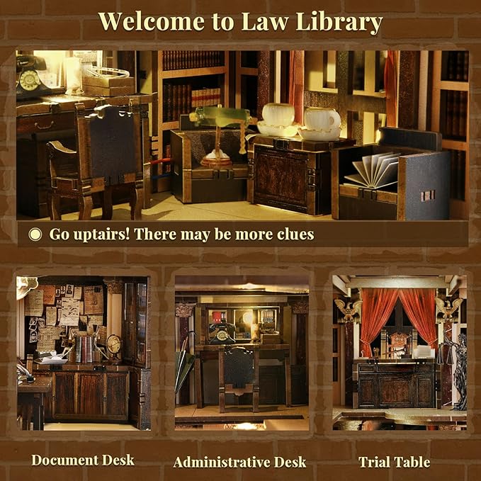 Book Nook Kit, DIY Miniature Dollhouse Booknook Kit with Led Light and Dust Cover (Law Library)