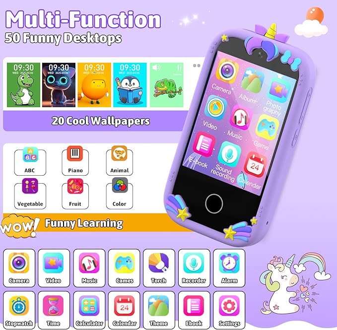 BEBESIRI Kids Camera Mini Smartphone Toy for Girls, 2.8" Touch Screen, 22 Learning Games, Dual Camera, Music Player, 32GB Card | Educational Gift for Christmas & Birthday (Lavender)