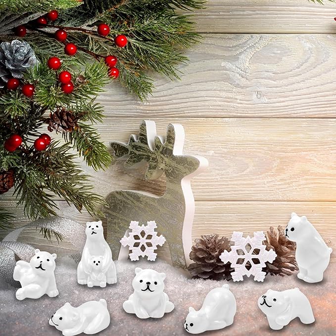 40 Pcs Mini Resin Polar Bear Figurines with Snowflakes Tiny Little Winter Resin Animal Miniature Figures for Holiday Crafts Garden Micro Landscape Home Table Decor