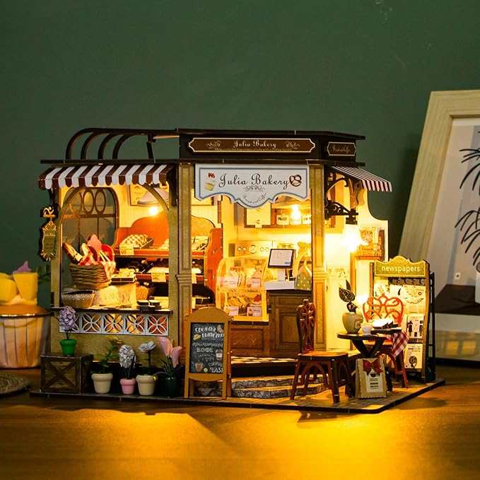 DIY Miniature House Kit, Dollhouse Kit with LED Light, Mini House Building Kits for for Adult to Building, Christmas Home Decorations Gifts for Family and Friends, Bakery