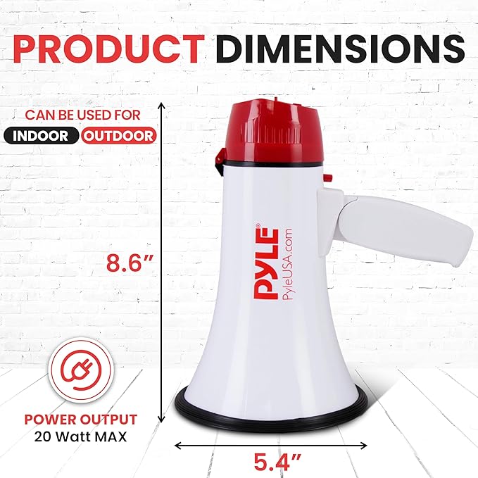 Pyle 20W Megaphone Bullhorn - 5.4'' x 8.6'' Portable Megaphone, Projection Range Up to 1100 Sq. Yards, Voice Talking & Siren Alert, Shoulder Strap, Battery Operated, (White)