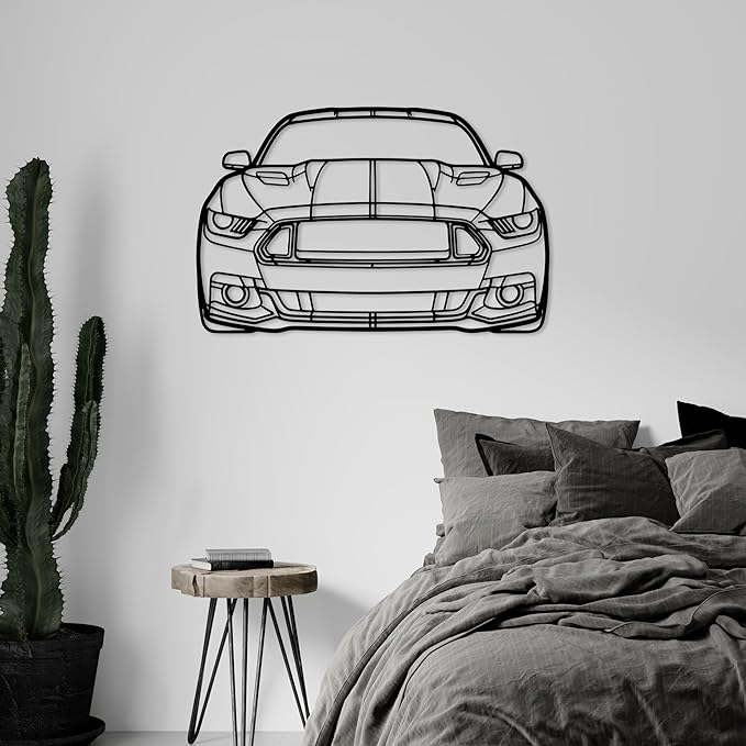 DecoSoul Mustang Metal Car Wall Art, Sports Car, Automotive Silhouette Line Decoration, Minimalist Sculpture for Garage, Indoor Outdoor Wall Hanging, Gift for Boyfriend (Black - 25 x 6.9” inch)